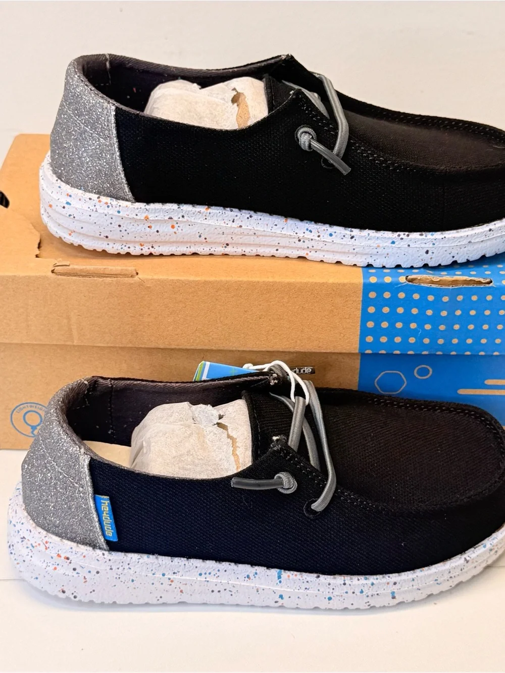 Hey Dude Wendy Youth Disco Black Glitter Slip On Shoes US 12 EU37 NWT Box